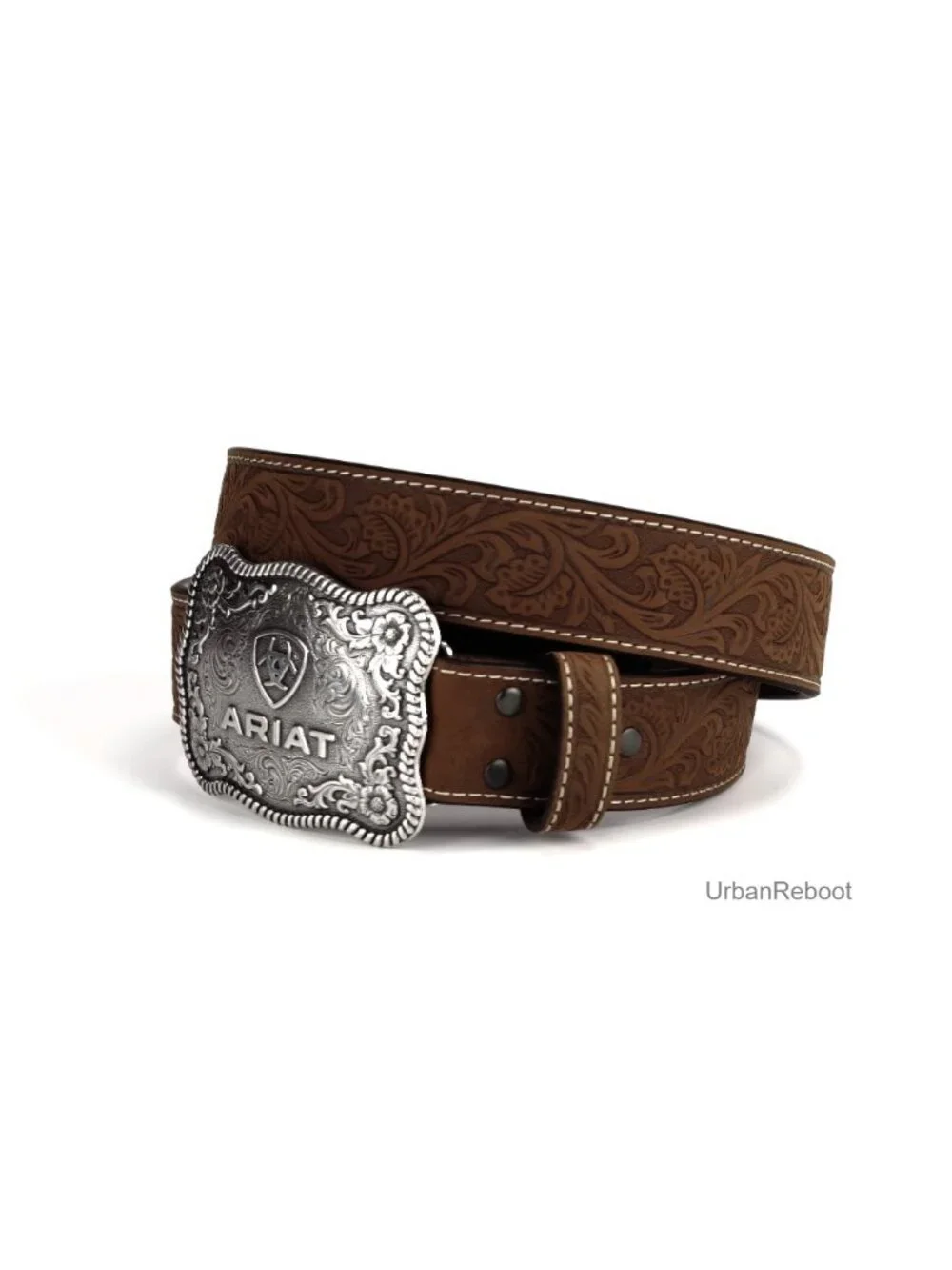 Men's Floral Embossed Genuine Leather Belt with Antique Silver Buckle